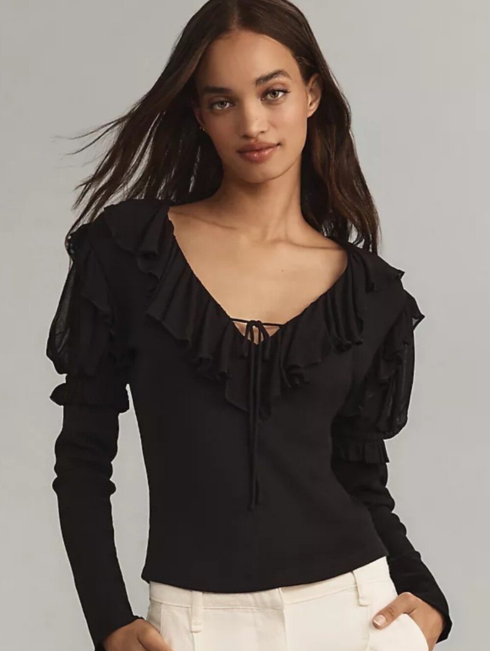 By Anthropologie Long-Sleeve Ruffle Top - Black, Size M